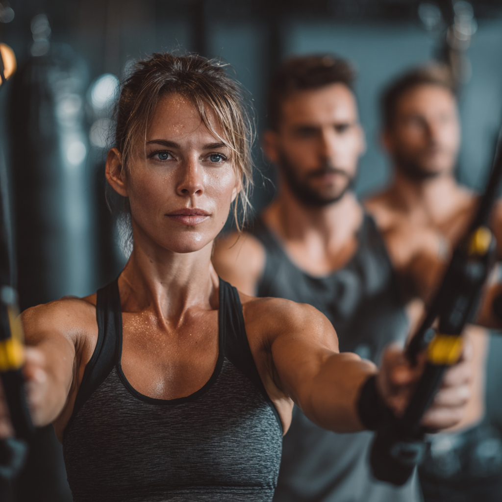 Skupina slovenských dospelých rôzneho veku vykonáva kontrolované fitness cvičenia v modernom štúdiu, pričom sa usmievajú a sústreďujú sa na správnu formu