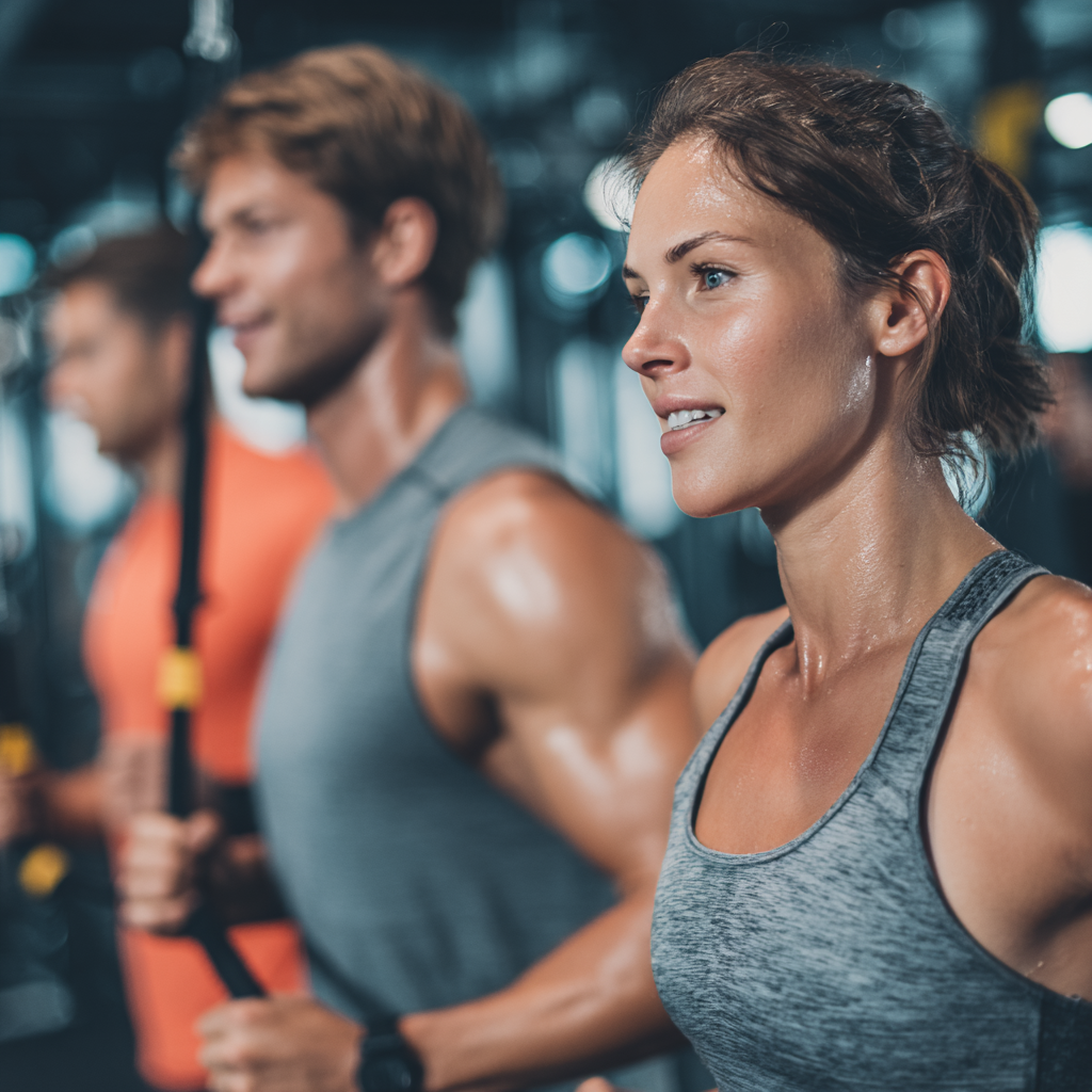 Starší slovenský muž a žena sa usmievajú po dokončení fitness lekcie, držiac sa za ruky v štúdiu s prírodným osvetlením